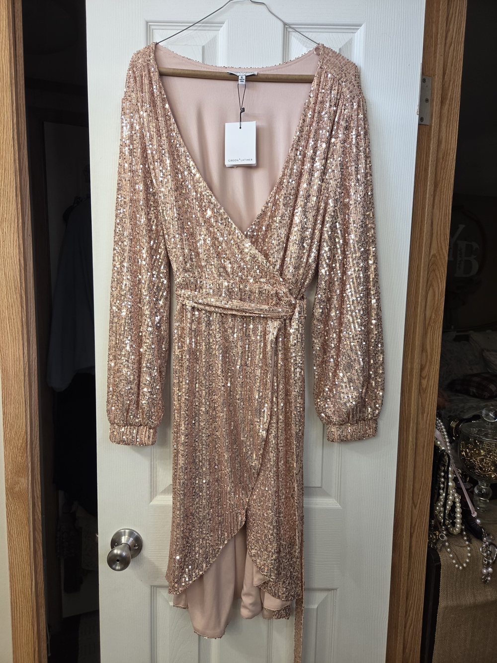 Gibson Latimer Rose Gold Sequin Wrap Dress